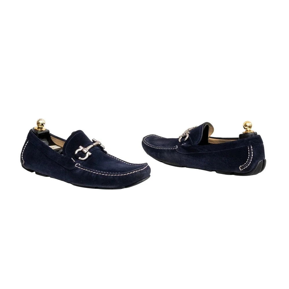 Salvatore Ferragamo Paris Navy Blue Suede Gancini Bit Loafers Mens US 11.5 D